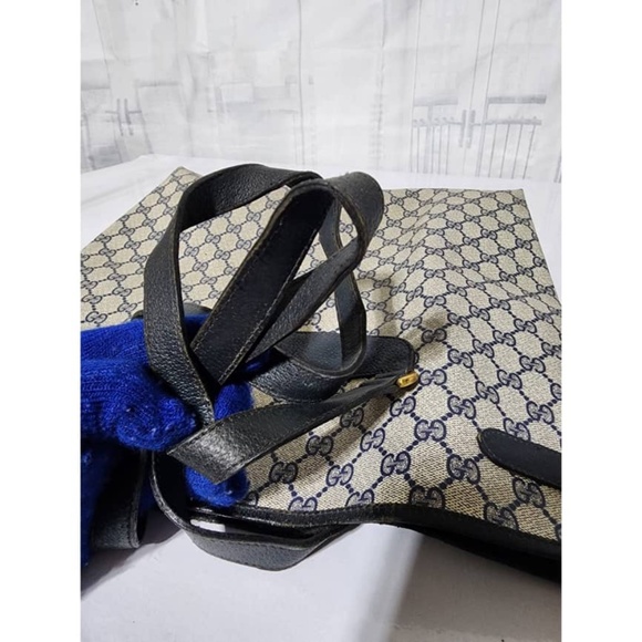 Authentic GUCCI Vintage GG Canvas Tote Bag PVC Leather Navy Blue/Grey - Picture 7 of 14
